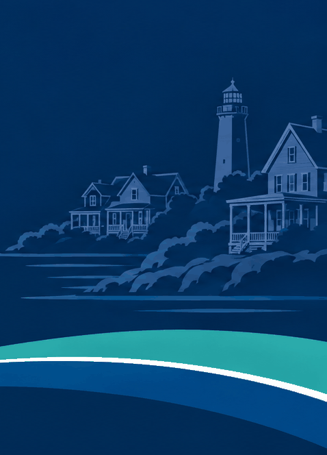 Southcoast Rent brand illustration of a New England shoreline: shingled homes and a lighthouse above the water.